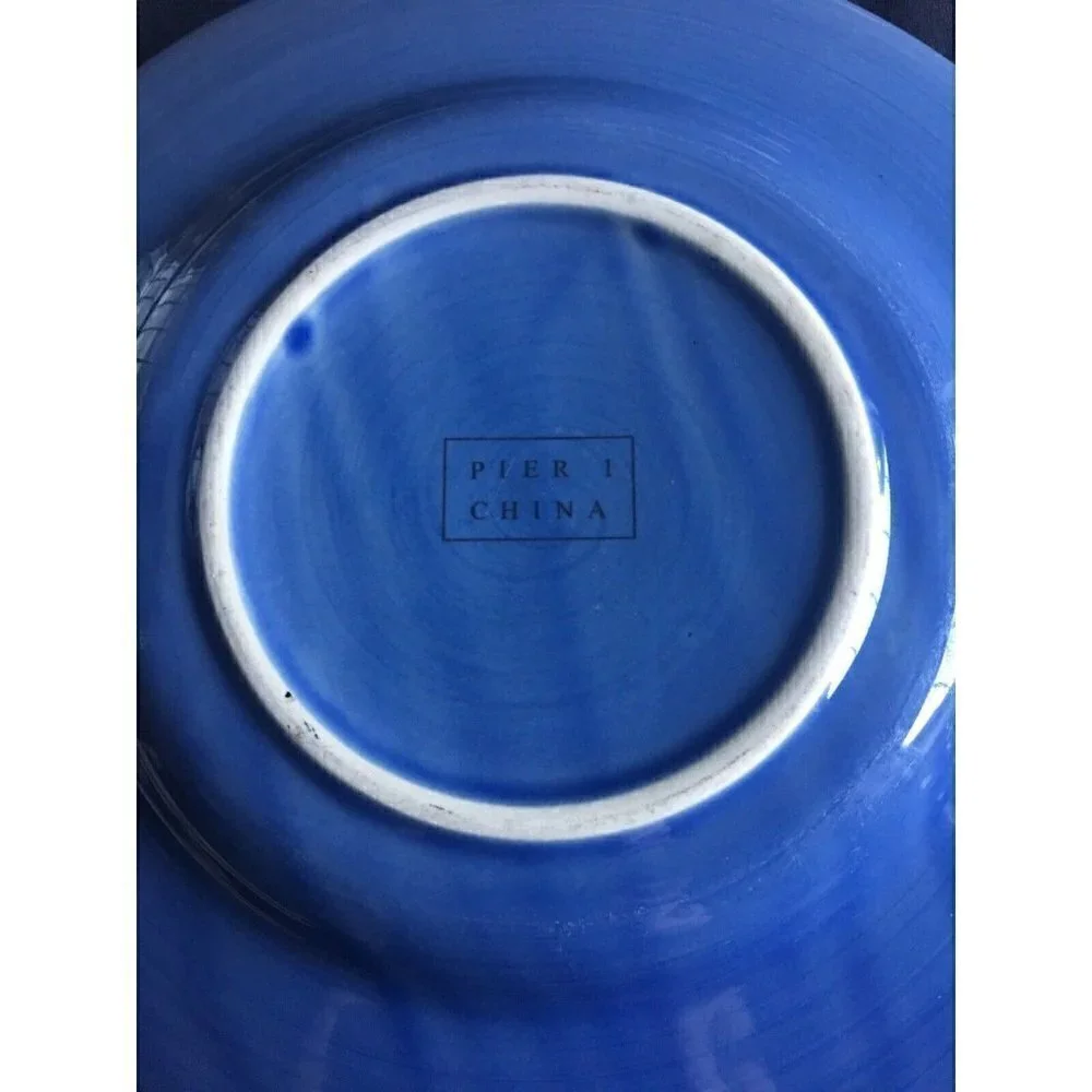 PIER 1 Dinner Plates Hand Painted Blue Swirl Spiral Vintage RARE SET OF 3